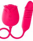 Red rose suction vibrator connected by a flexible cord to a ridged insertable thrusting arm