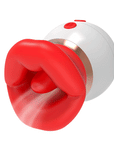 3-in-1 rose tongue and suction vibrator with white rounded body, red lip-shaped opening and central tongue