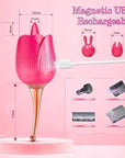 Alvina rose vibrator size diagram marking 163 mm overall, 55 mm flower width and 77 mm stem, beside two silicone caps and a magnetic USB cable