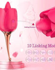 Alvina rose tongue vibrator guide showing its raised central tongue, two controls and ten illustrated licking patterns