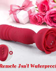 Red rose thrusting plug with water droplets and an inset showing that the separate three-button remote is not waterproof