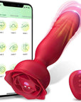 Red app-controlled rose thrusting plug with a tapered rounded shaft, wide petal base, underside power button and contacts, pictured beside a three-button remote and phone