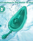 Teal rose wearable vibrator water-resistance graphic showing its textured surface, short beaded tail and IPX7 label
