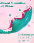 Teal wearable vibrator feature diagram showing its curved profile, raised dotted and rose surfaces, short beaded tail and ten vibration pattern symbols