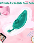 Teal rose wearable vibrator placement diagram showing the curved unit inside underwear with its short beaded tail, phone interface and separate remote