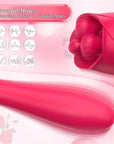 Cats Claw rose kneading wand graphic listing nine kneading and rubbing modes plus nine vibration modes with close-ups of the triple-tip head and rounded stem