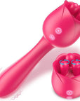 Pink Cats Claw rose kneading wand with a long rounded vibrating stem, two front buttons and a three-tip head illustrated with rotation arrows