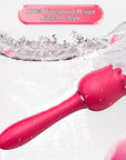 Pink Cats Claw rose kneading wand with water droplets on its smooth stem and petal-shaped triple-tip head in a water-care graphic