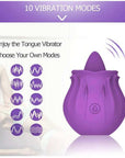 Purple Rose Tongue Toy guide showing ten vibration-pattern icons and the raised tongue-shaped contact tip