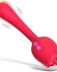 Dora Plus red rose tongue vibrator with a long curved stem, rounded tip, projecting tongue in the flower head and two front buttons