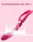 Wine red Elda vibrator pictured with a water splash and an IPX7 water-resistance label