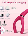 Elda magnetic USB charging guide showing two contacts below the neck band and estimated one to one-and-a-half hour charging