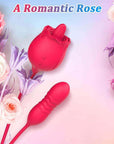 Fiona Plus rose tongue vibrator and ribbed connected thrusting egg arranged on a pink background with pale flowers, showing the two-button rose body