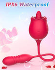 Fiona Plus pink rose tongue vibrator and connected textured egg shown upright beside a feature label stating IPX6 water resistance