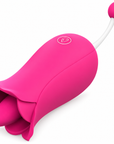 Pink flower tongue vibrator with open petals, a single body button and a rounded bead on the opposite white stem