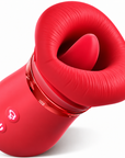Red four-in-one rose mouth vibrator with textured oval rim, inner silicone tongue, three buttons and metallic red trim; digitally cleaned product image