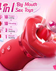 Four-in-one rose vibrator feature chart listing 10 tongue patterns, 10 vibration patterns, 3 automatic suction settings and manual suction