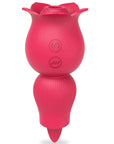 Pink Holly rose vibrator standing upright with a flower suction opening, S and wave buttons, ribbed lower end and projecting tongue