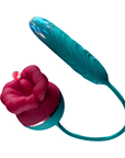 Burgundy mouth-shaped rose head connected to a teal textured thrusting dildo