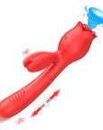 Red one-piece rabbit rose vibrator with suction opening, two buttons, twin side ears and telescopic shaft; swirls and arrows illustrate motion