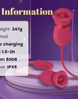 Red rose tongue vibrator specification diagram listing 347 grams, a 520 mm assembly path, magnetic USB charging and IPX6