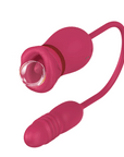 Red rose tongue vibrator with a mouth-shaped head and cord-connected ribbed thrusting bullet