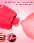 Close view of a red rose tongue vibrator showing the protruding tongue, petal opening and illustrated movement positions