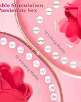 Red rose tongue vibrator mode guide showing ten licking patterns and ten vibration patterns with tongue and petal close-ups