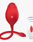 Red rose-shaped vibrating egg with a flexible tail and front power button, shown beside a white wireless remote with a red button