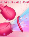Dual-action rose vibrator shown with its tongue exposed and with the clear vacuum cup fitted, illustrating licking movement and suction airflow
