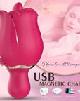 Rear view of the Rose lip-flap vibrator showing its two charging contacts, attached USB magnetic cable and rounded opposite tip