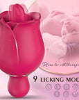 Rose lip-flap vibrator guide showing a raised tongue, two side buttons and nine illustrated licking patterns