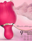 Rose lip-flap vibrator illustration showing the short rounded vibrating tip, two side buttons and nine waveform icons