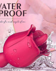 Rose lip-flap vibrator pictured with water droplets and a water-resistance caption, showing the tongue and rounded opposite tip