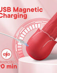 Rear magnetic USB charging connection on the rose-shaped dildo with a 90-minute charging estimate