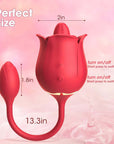 Connected-egg rose tongue vibrator size and control diagram showing a 2-inch rose width, 1.8-inch egg length and separate tongue and vibration buttons