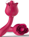 Red rose tongue vibrator shown upright and on its side, with a raised tongue, two side buttons and a broad curved opposite stem