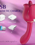 Rear charging illustration of the rose tongue vibrator showing the attached magnetic USB cable below the flower petals and above the curved stem