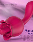Rose tongue vibrator pictured on its side with a broad curved stem and a guide showing nine licking modes