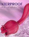 Rose tongue vibrator and curved stem pictured with water droplets and a water-resistance caption
