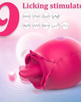 Nine-mode rose tongue vibrator feature graphic with nine rhythm symbols, a projecting tongue and illustrated movement beside the layered flower opening