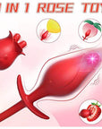 Red rose tongue-contact head and connected vibrating plug shown in a three-in-one contact-design illustration