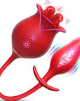 Red rose toy for men with twin tongue contacts, two controls and a connected vibrating plug with flared base
