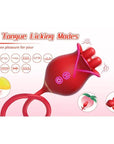 Rose toy for men with twin tongue contacts and illustrated chart of ten tongue-licking patterns