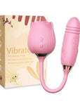Pink ribbed rose suction vibrator with connected textured lower arm beside its retail box
