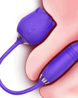Purple ribbed 2-in-1 rose suction vibrator with two controls and connected lower arm, positioning illustration