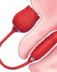 Red 2-in-1 rose suction vibrator with a flexible connector and ribbed lower vibrating arm, positioning illustration