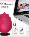 Rose with Tongue vibrator on a black base in a diagram labeled USB magnetic charging