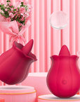 Front and side views of the red Rose Women Toy showing its raised tongue tip and single power button