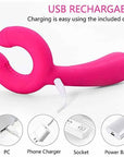 Pink Y-1 vibrator connected to a white charging cable with illustrations of USB power sources